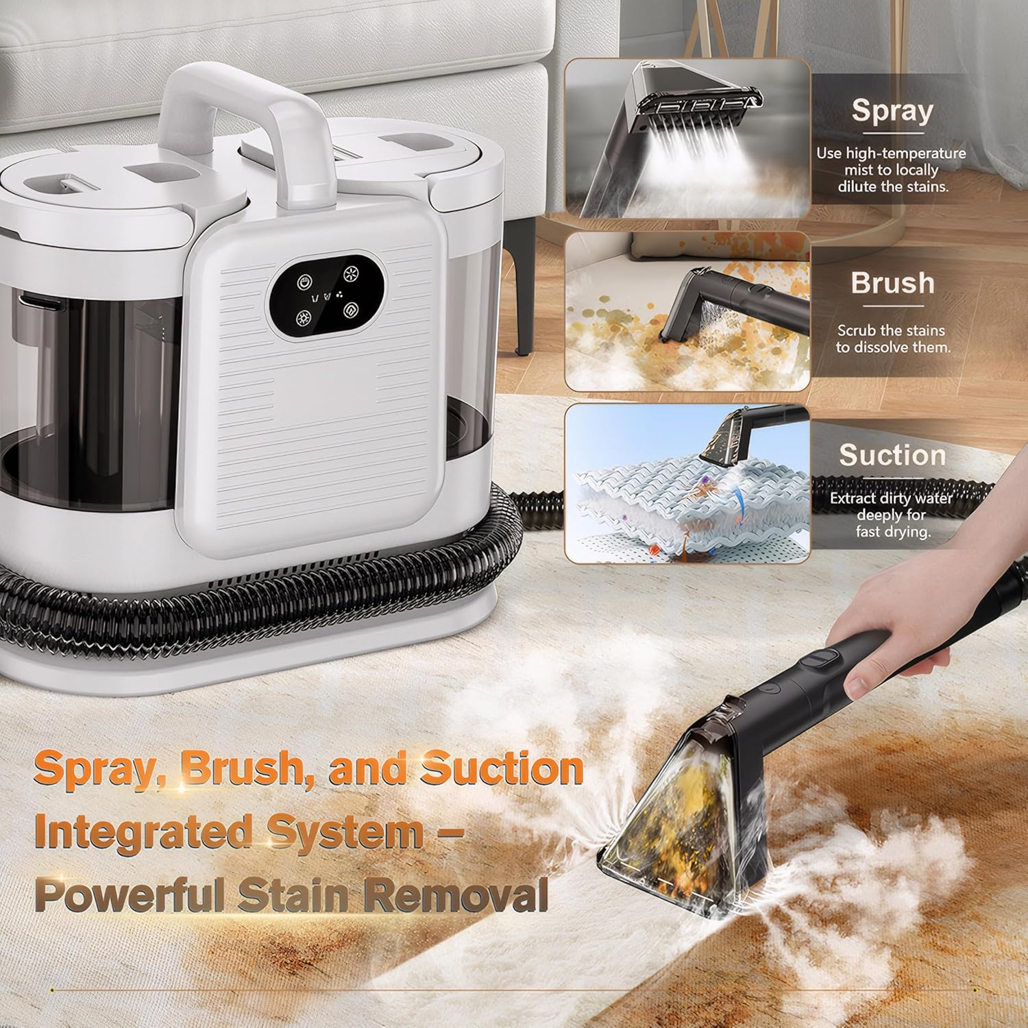 Portable Carpet & Upholstery Steam Cleaner Machine, 1650W Brushless Motor with 15KPa Suction, 4 Cleaning Modes & Heating Technology, Deep Cleaning for Sofa, Couch, Car Seats, Rugs & Furniture(White)