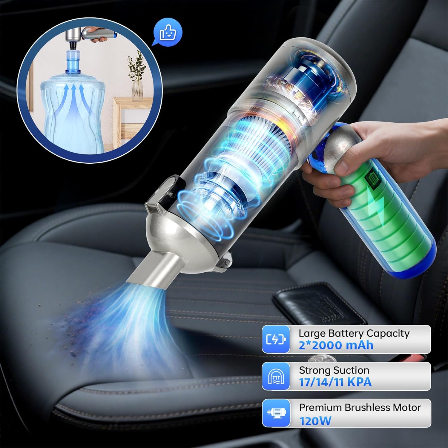 AeroVac Car Vacuum V15 Pro, Portable Handheld Vacuum Cordless with 17KPa Powerful Suction & Brushless Motor, 4-in-1 Foldable Mini Car Vacuum Cleaner High Power with Air Blower, Duster & Pump, Blue