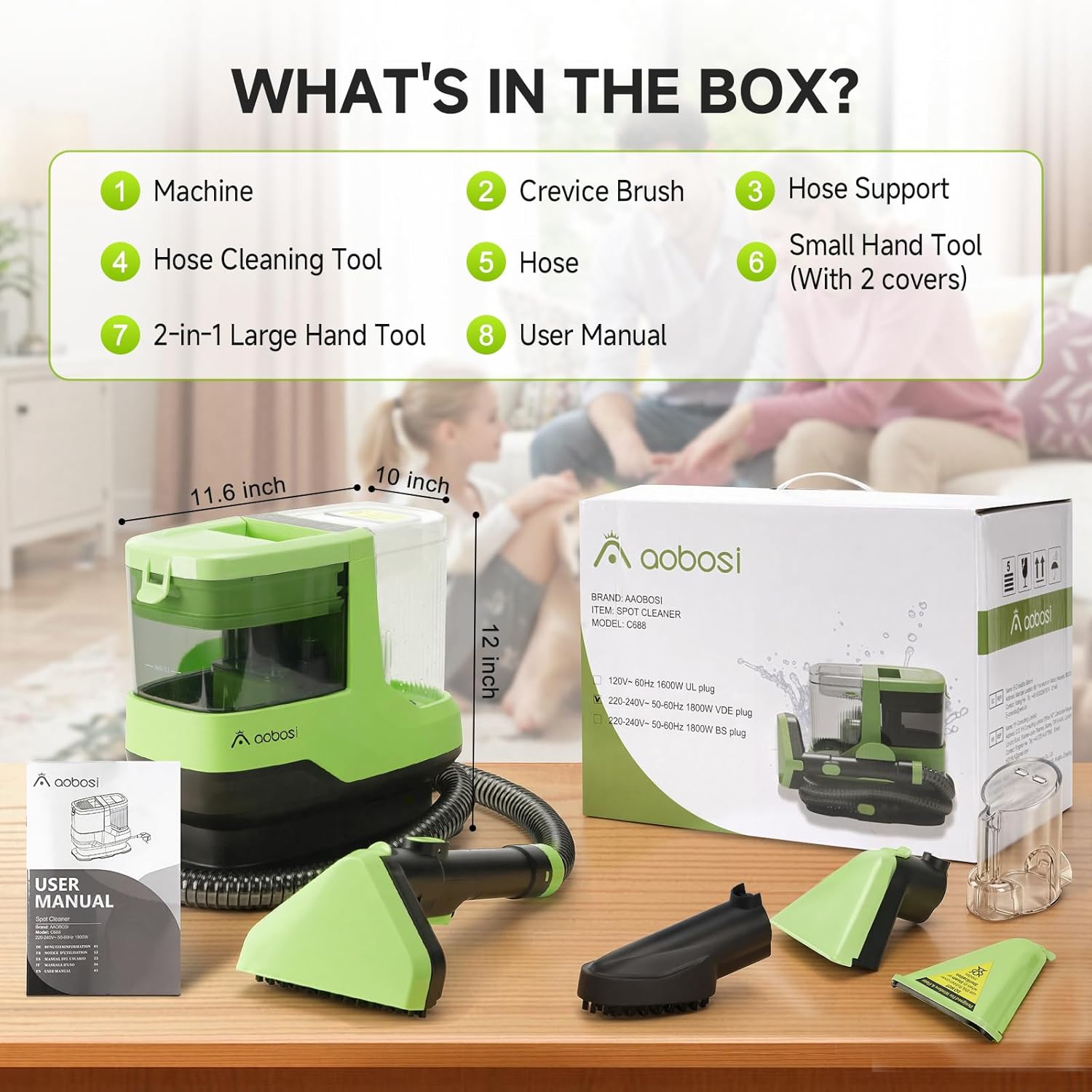 AAOBOSI Portable Carpet Cleaner Machine, 17Kpa Upholstery Steam Cleaner with Smart Voice Prompting, Self-cleaning, 4 Tools for Pets, Car, Couch and Stairs- C688, Green