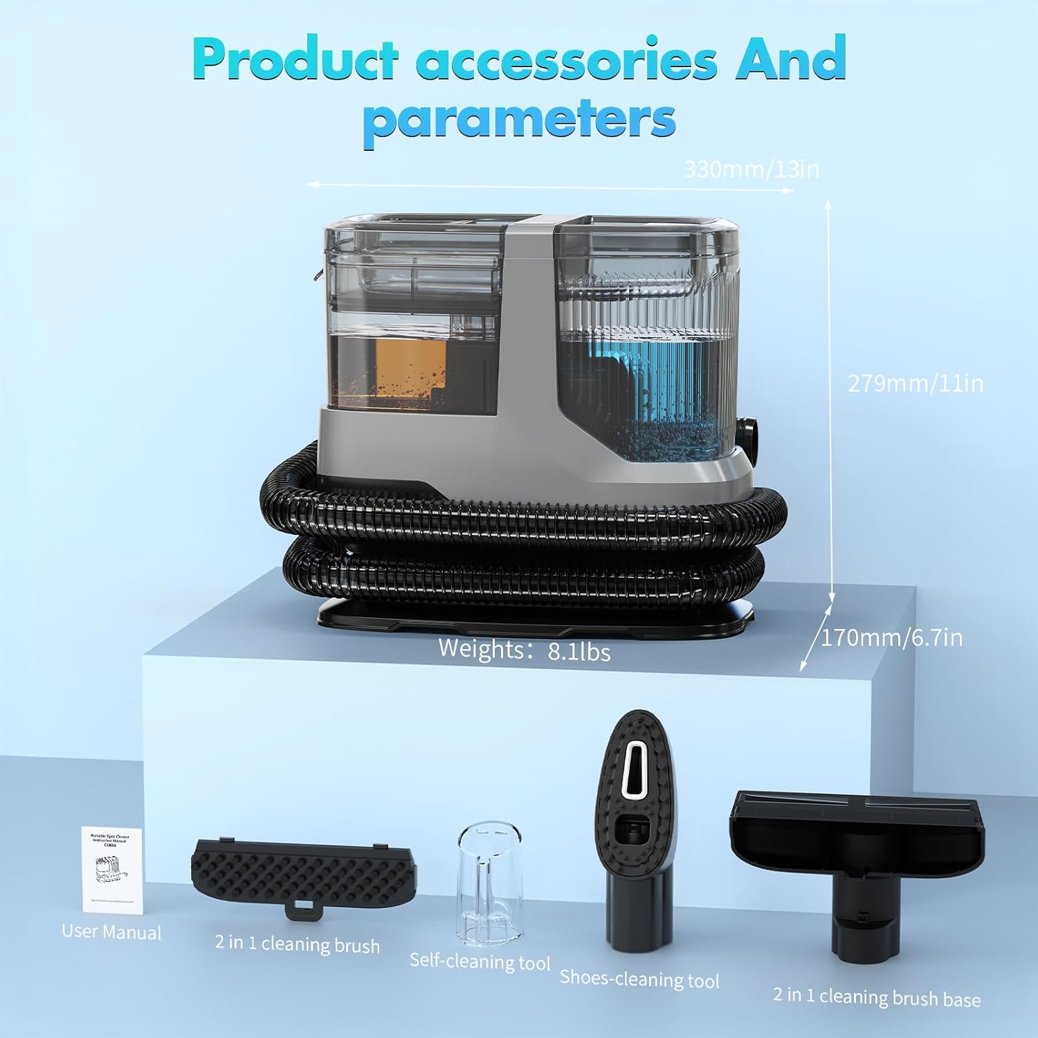 Portable Carpet & Upholstery Cleaner, 18Kpa Power Suction Spot Cleaner Machine for Deep Pet Stain Remover, Carpet, Area Rugs, Couches, Stairs, Cars, Includes Tools & Self-Cleaning, Grey