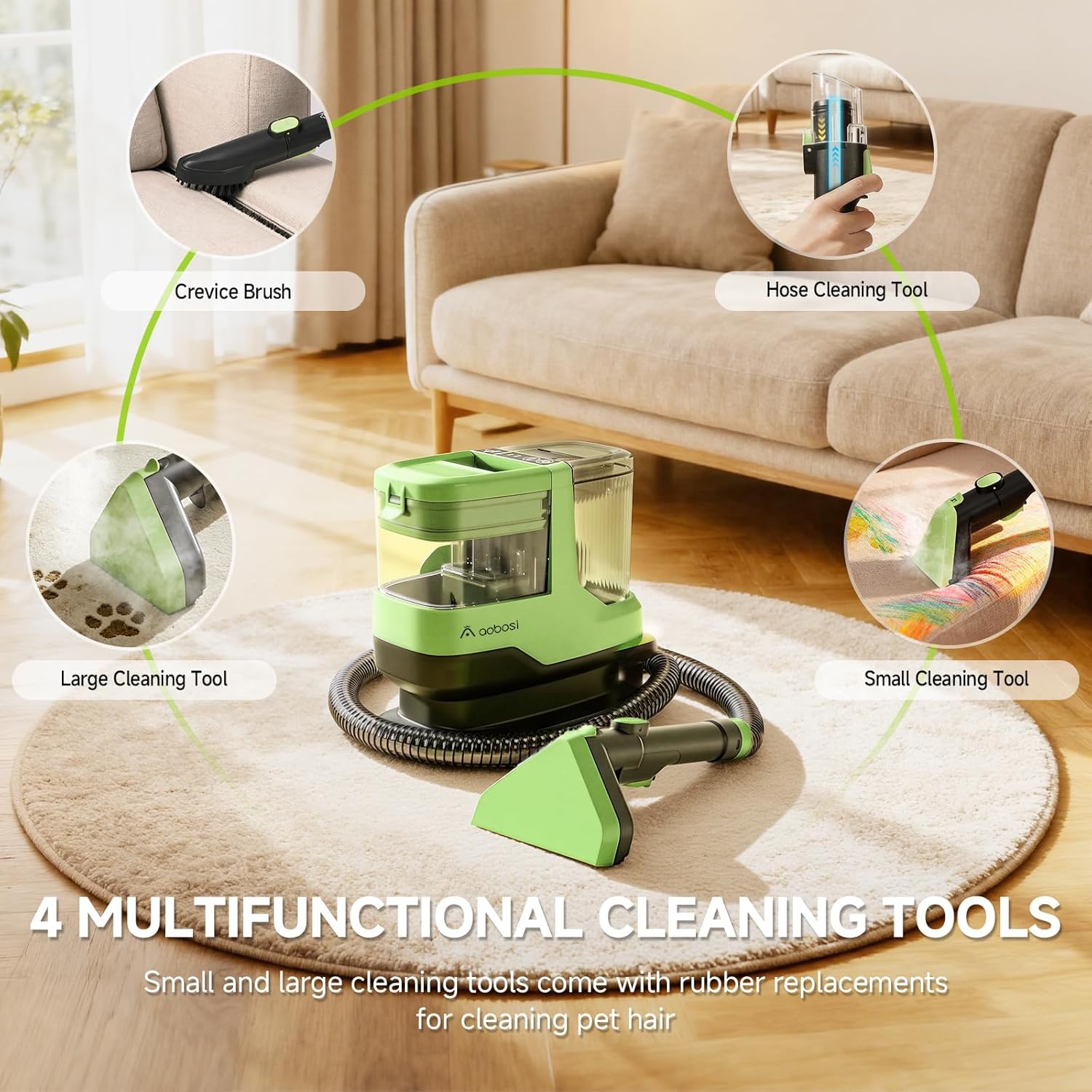 AAOBOSI Portable Carpet Cleaner Machine, 17Kpa Upholstery Steam Cleaner with Smart Voice Prompting, Self-cleaning, 4 Tools for Pets, Car, Couch and Stairs- C688, Green