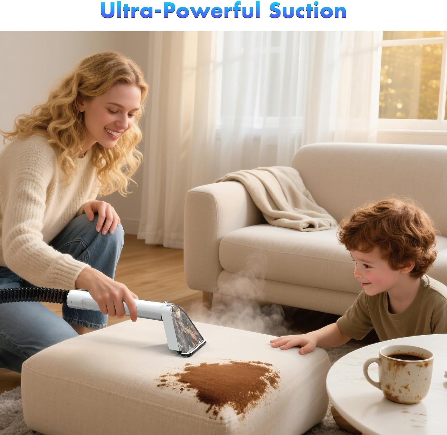 Portable Carpet Cleaner Machine, with 100℃ Steam & Deep Cleaning Suction,1300W Upholstery Steam Cleaner with Smart Voice Prompting, Self-cleaning, 4 Tools for Pets, Car, Couch and Stairs