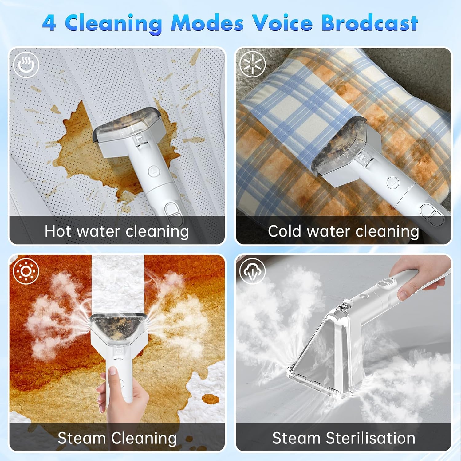 Portable Carpet Cleaner Machine, with 100℃ Steam & Deep Cleaning Suction,1300W Upholstery Steam Cleaner with Smart Voice Prompting, Self-cleaning, 4 Tools for Pets, Car, Couch and Stairs