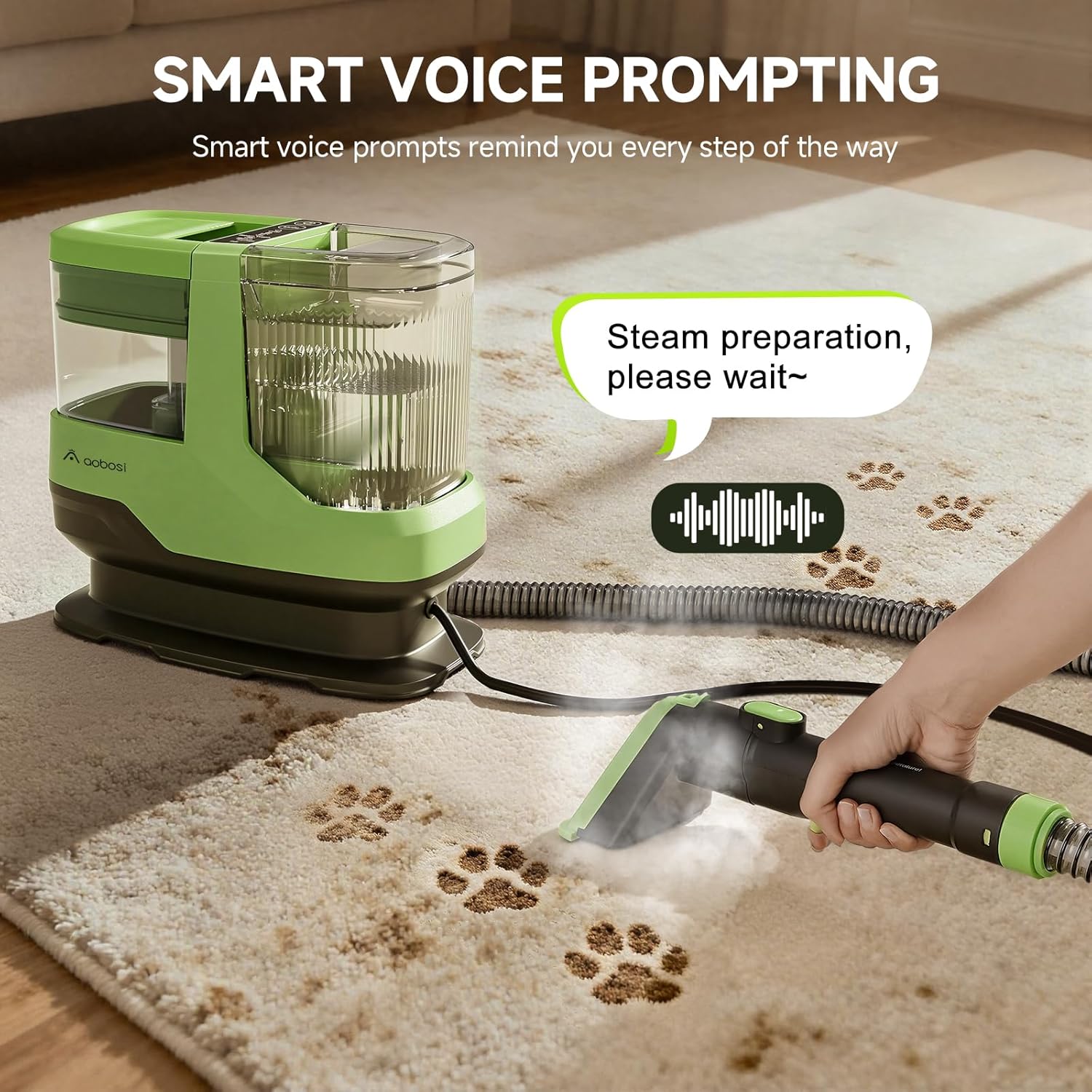 AAOBOSI Portable Carpet Cleaner Machine, 17Kpa Upholstery Steam Cleaner with Smart Voice Prompting, Self-cleaning, 4 Tools for Pets, Car, Couch and Stairs- C688, Green