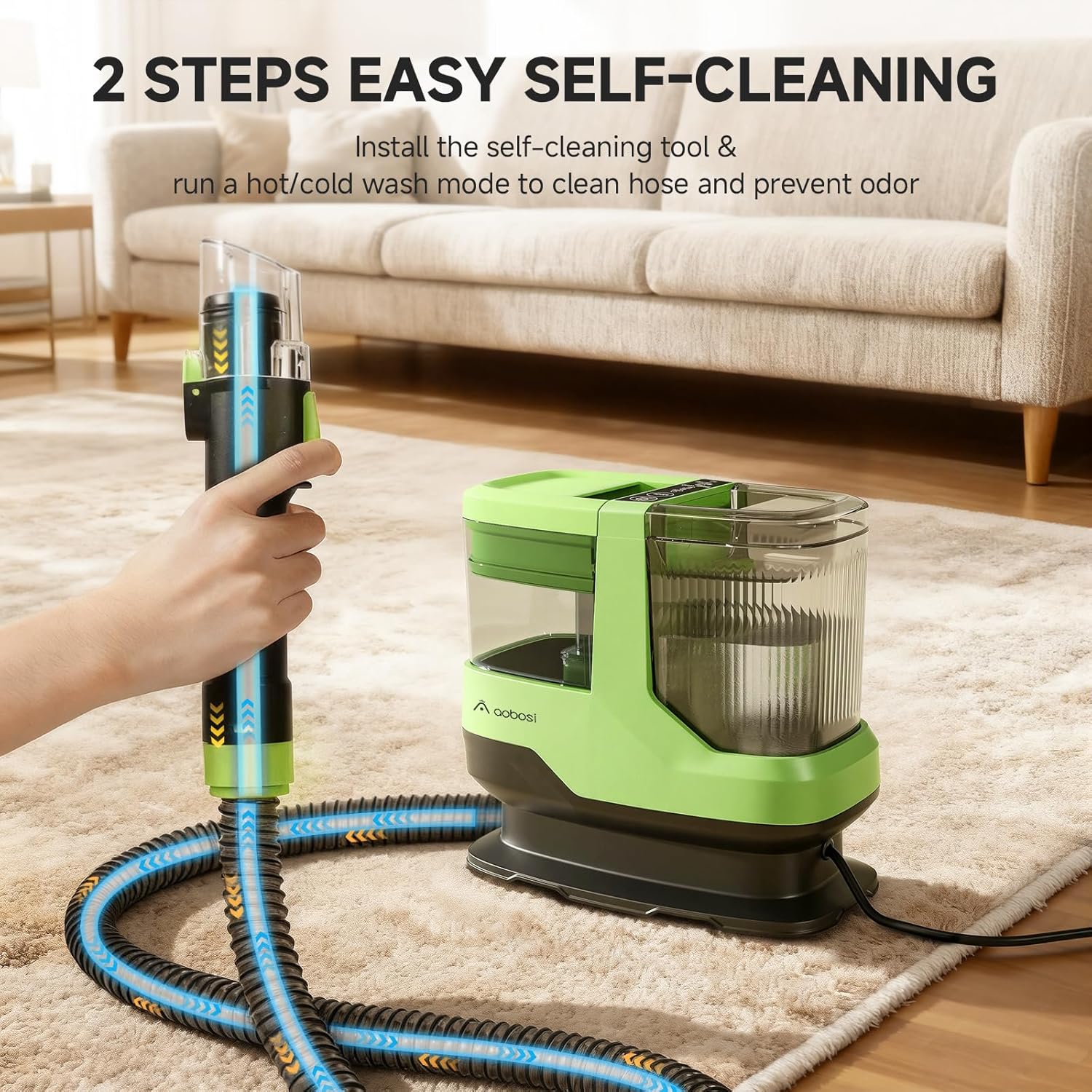 AAOBOSI Portable Carpet Cleaner Machine, 17Kpa Upholstery Steam Cleaner with Smart Voice Prompting, Self-cleaning, 4 Tools for Pets, Car, Couch and Stairs- C688, Green
